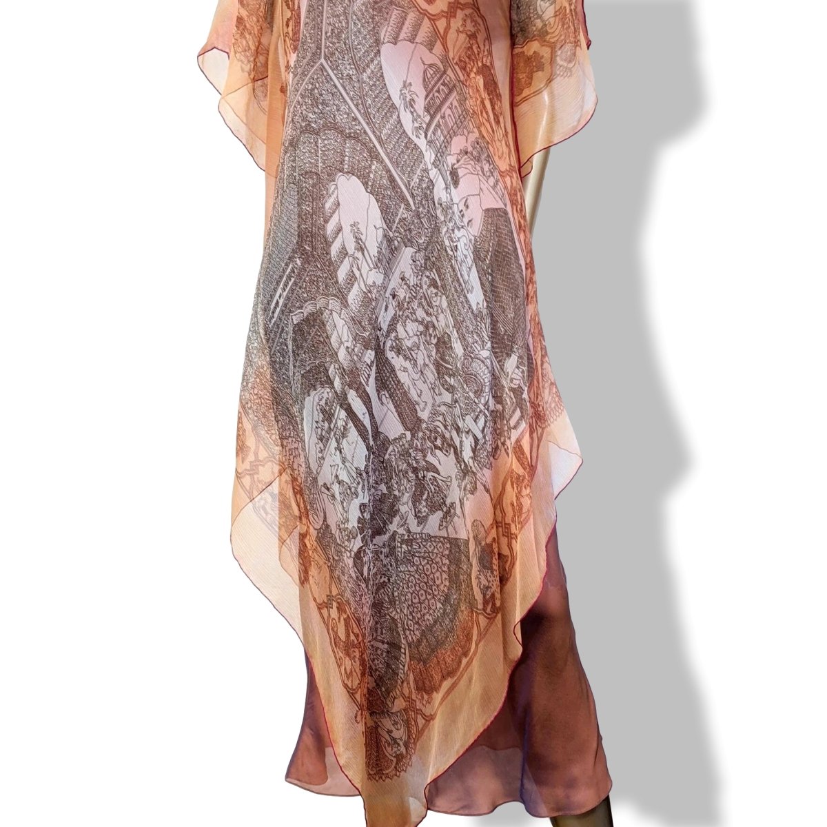Hermes 2000s Orange/Rose Changeante SPLENDEUR DES MAHARAJAS Old Parchment Effect Mousseline Dress, RARE!
