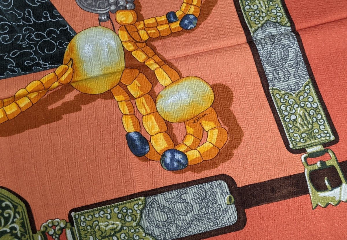 Hermes 2000s Rust Orange/Orange dégradé TIBET by Caty Latham Blanc Matt Overlay Cashmere Shawl 140, New without Tag!