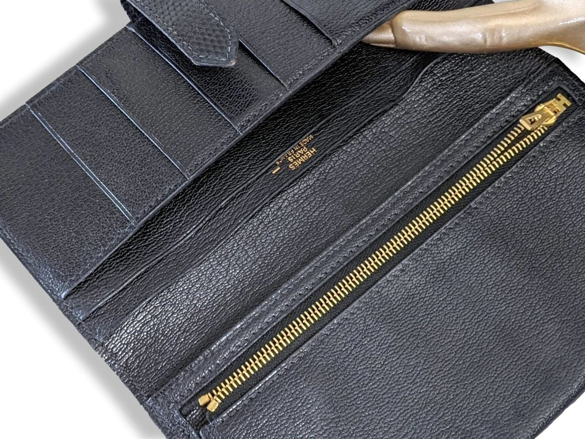 Hermes 2001 Black Lizard BEARN Wallet GHW