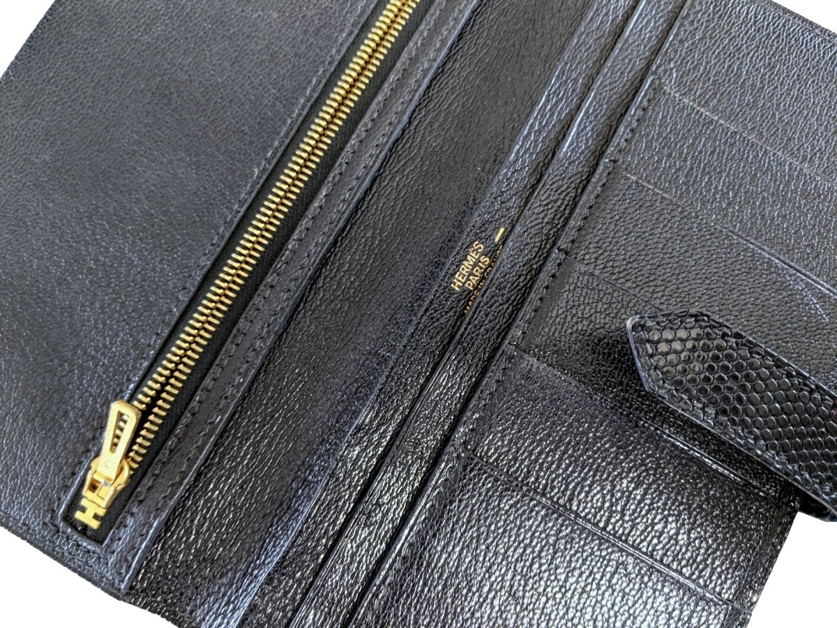 Hermes 2001 Black Lizard BEARN Wallet GHW