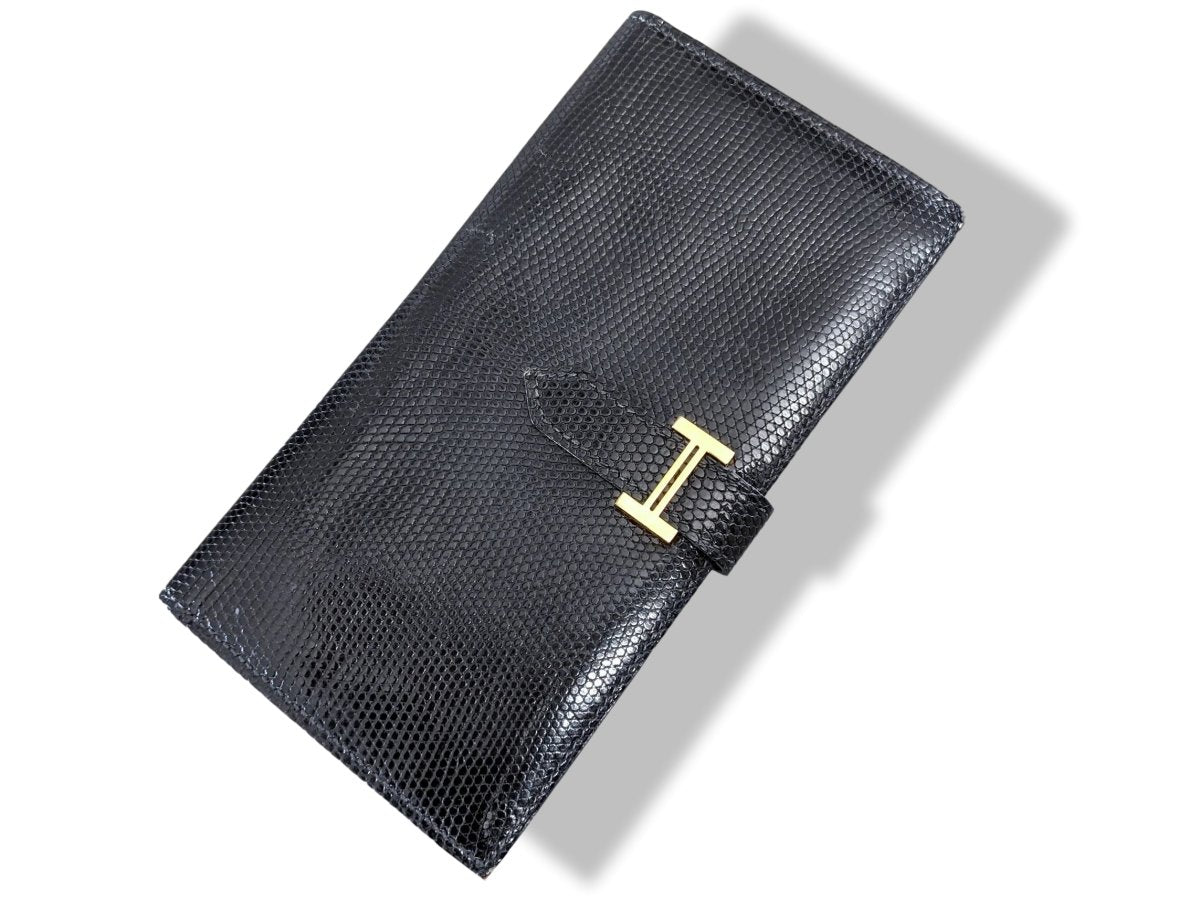 Hermes 2001 Black Lizard BEARN Wallet GHW