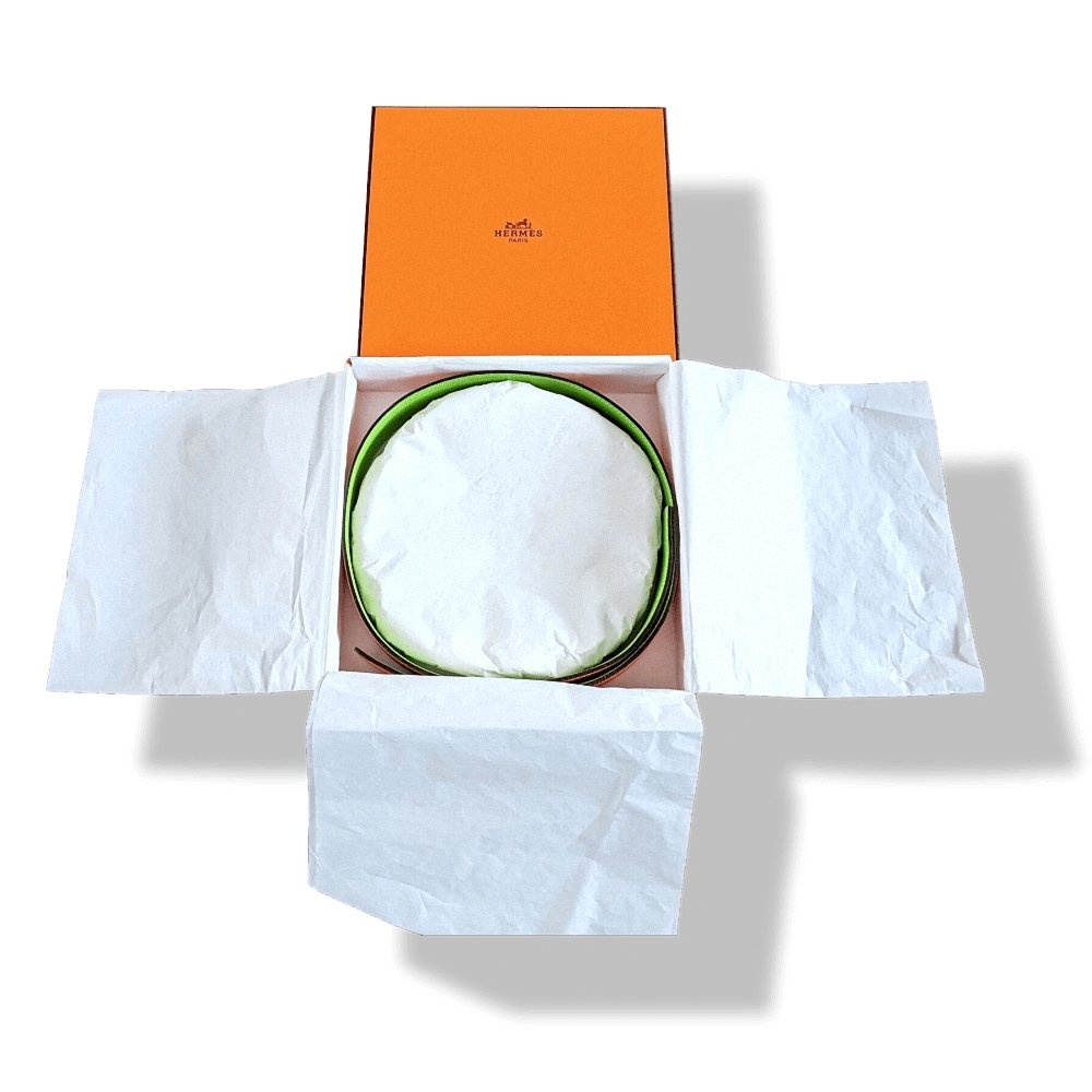 Hermes 2002 Apple Green/Orange Box Togo Calfskin Reversible Leather Strap Belt 32 MM Sz 70, BNIB! - poupishop
