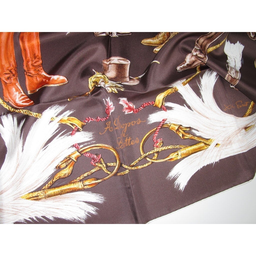 Hermes 2002 Chocolat A Propos des Bottes Blanc Matte Overlay Twill 90 by Xavier de Poret, New! - poupishop