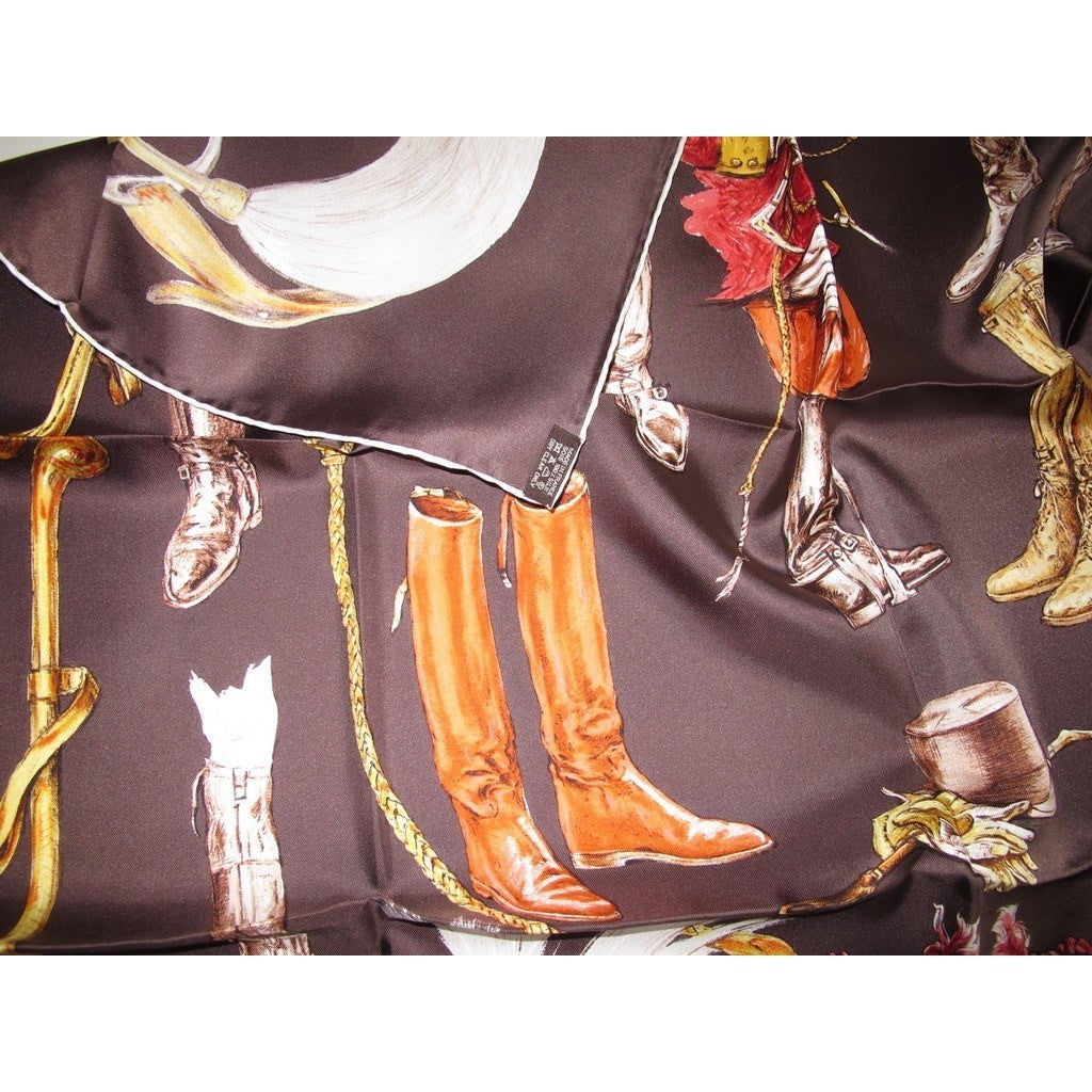 Hermes 2002 Chocolat A Propos des Bottes Blanc Matte Overlay Twill 90 by Xavier de Poret, New! - poupishop