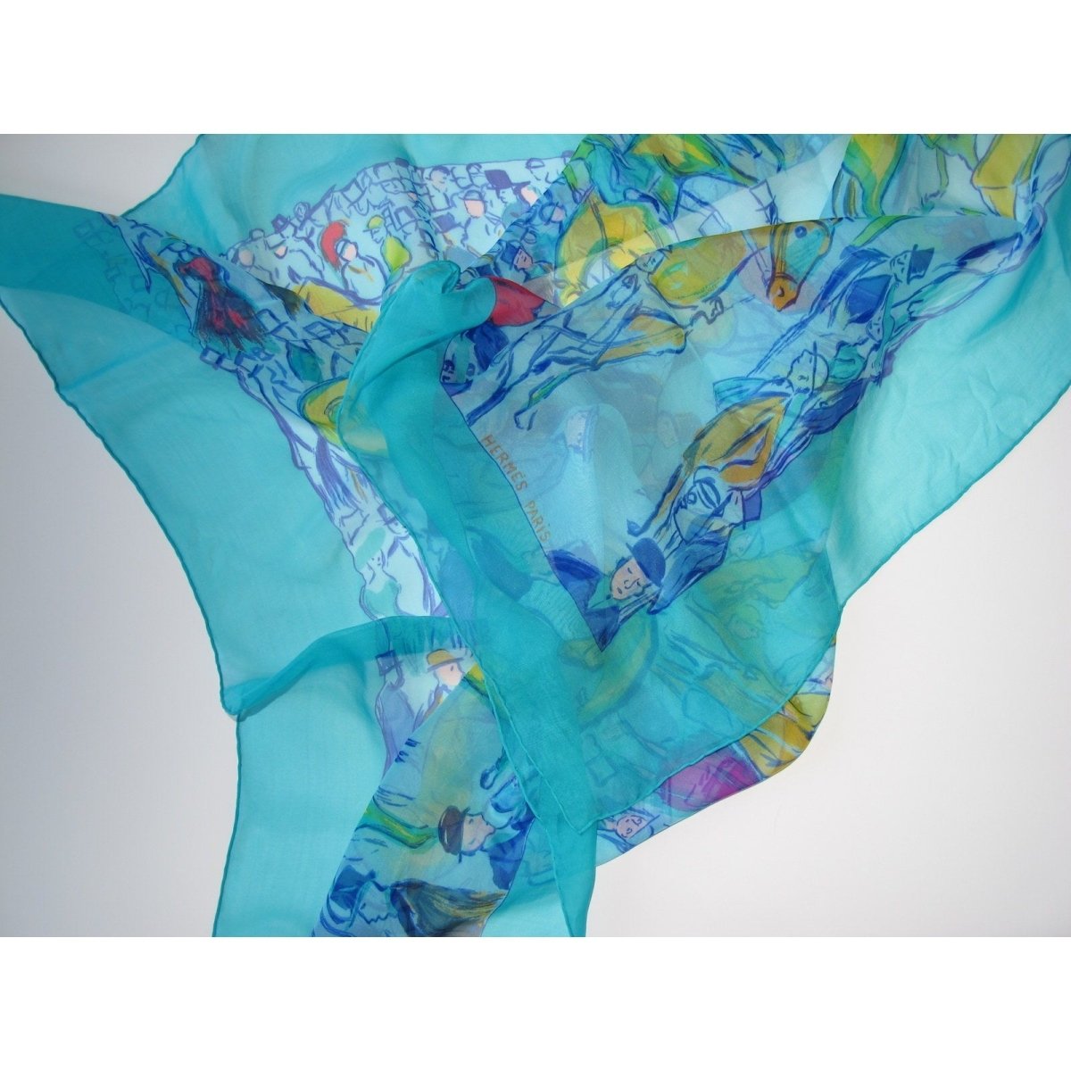Hermes 2002 Turquoise Paddock by J. L. Clerc Mousseline Scarf 90, Box! - poupishop