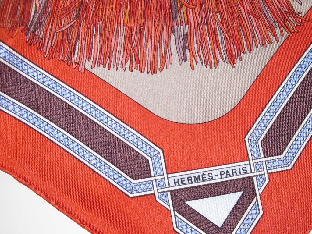 Hermes 2003 Capucine/Etoupe Cuirs du Desert Blanc Matte Overlay Twill 90, New! - poupishop