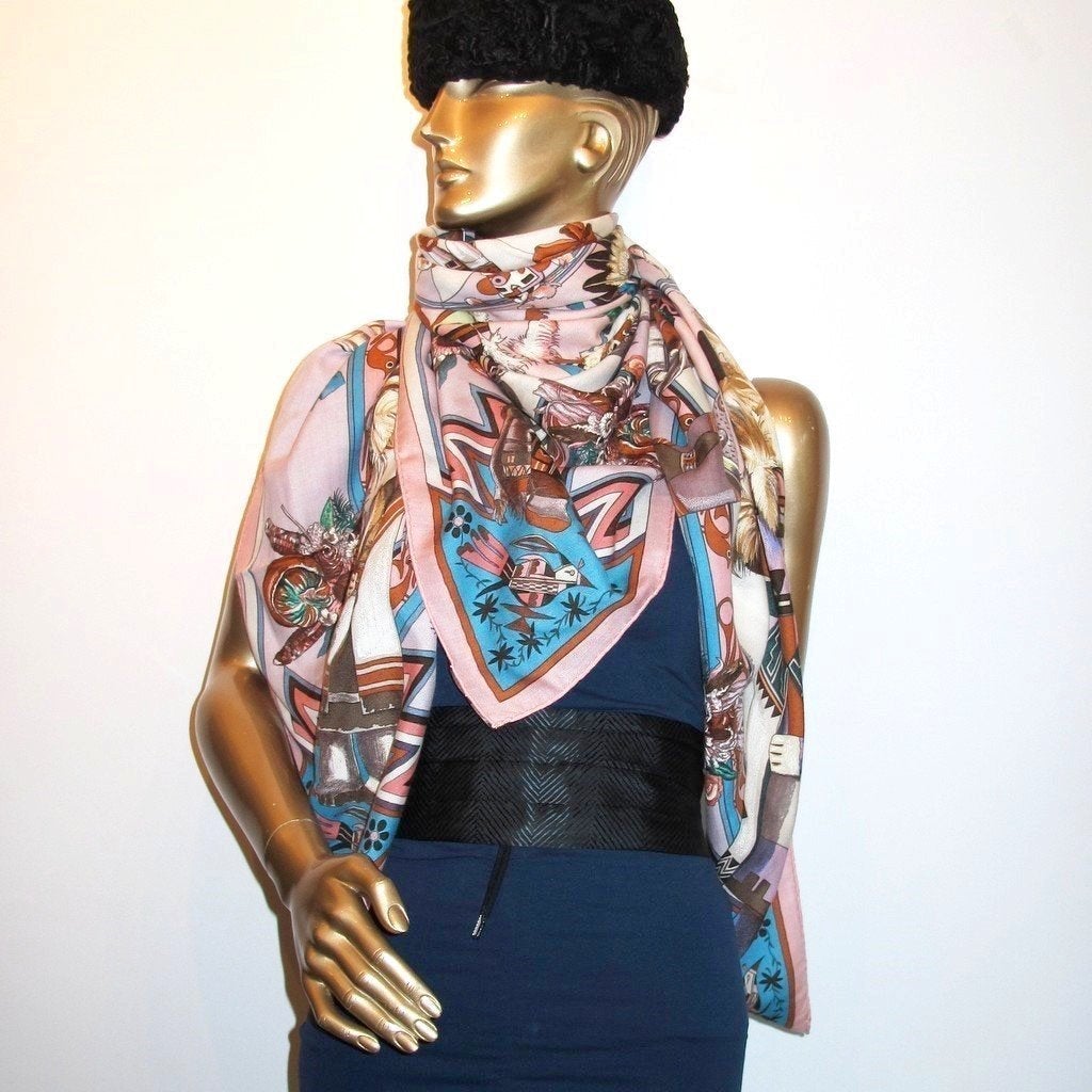 Hermes 2004 Baby Pink Kachinas by Kermit Oliver Cashmere Shawl 140, Box! - poupishop