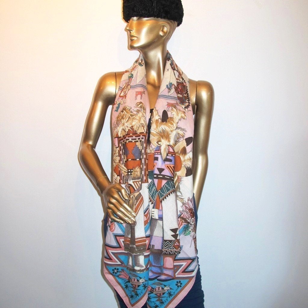 Hermes 2004 Baby Pink Kachinas by Kermit Oliver Cashmere Shawl 140, Box! - poupishop