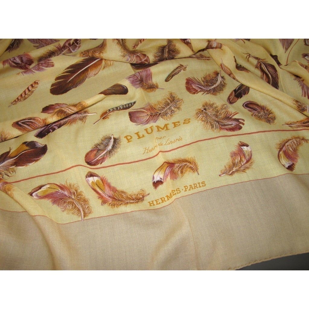 Hermes 2004 Beige/Banana Plumes Cashmere Shawl 140 - poupishop