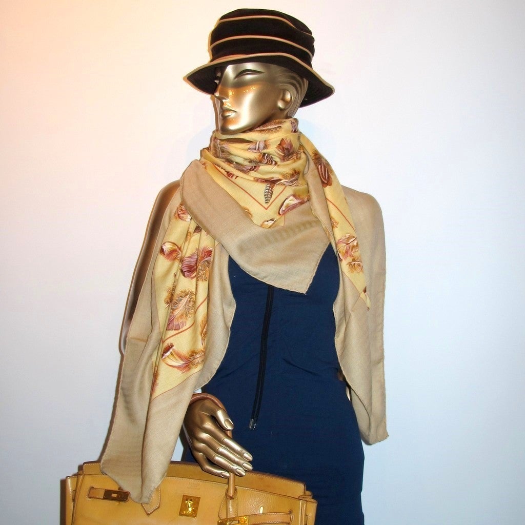 Hermes 2004 Beige/Banana Plumes Cashmere Shawl 140 - poupishop
