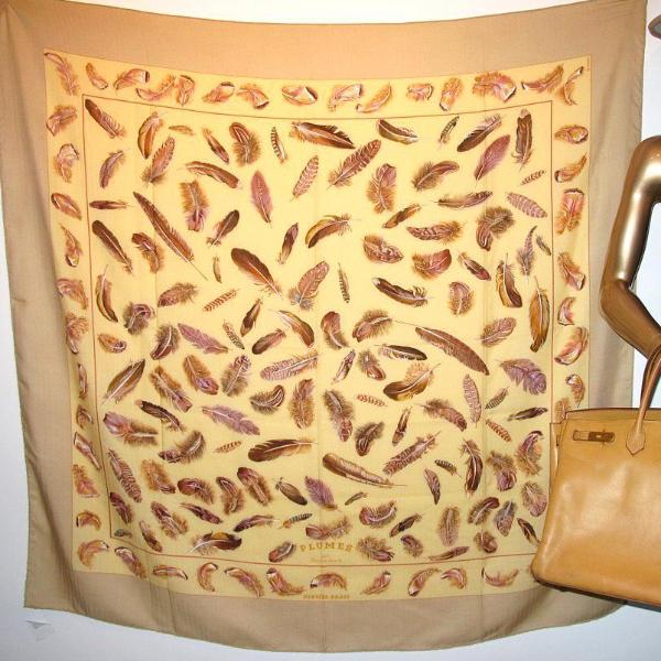 Hermes 2004 Beige Banana PLumes  cashmere shawl