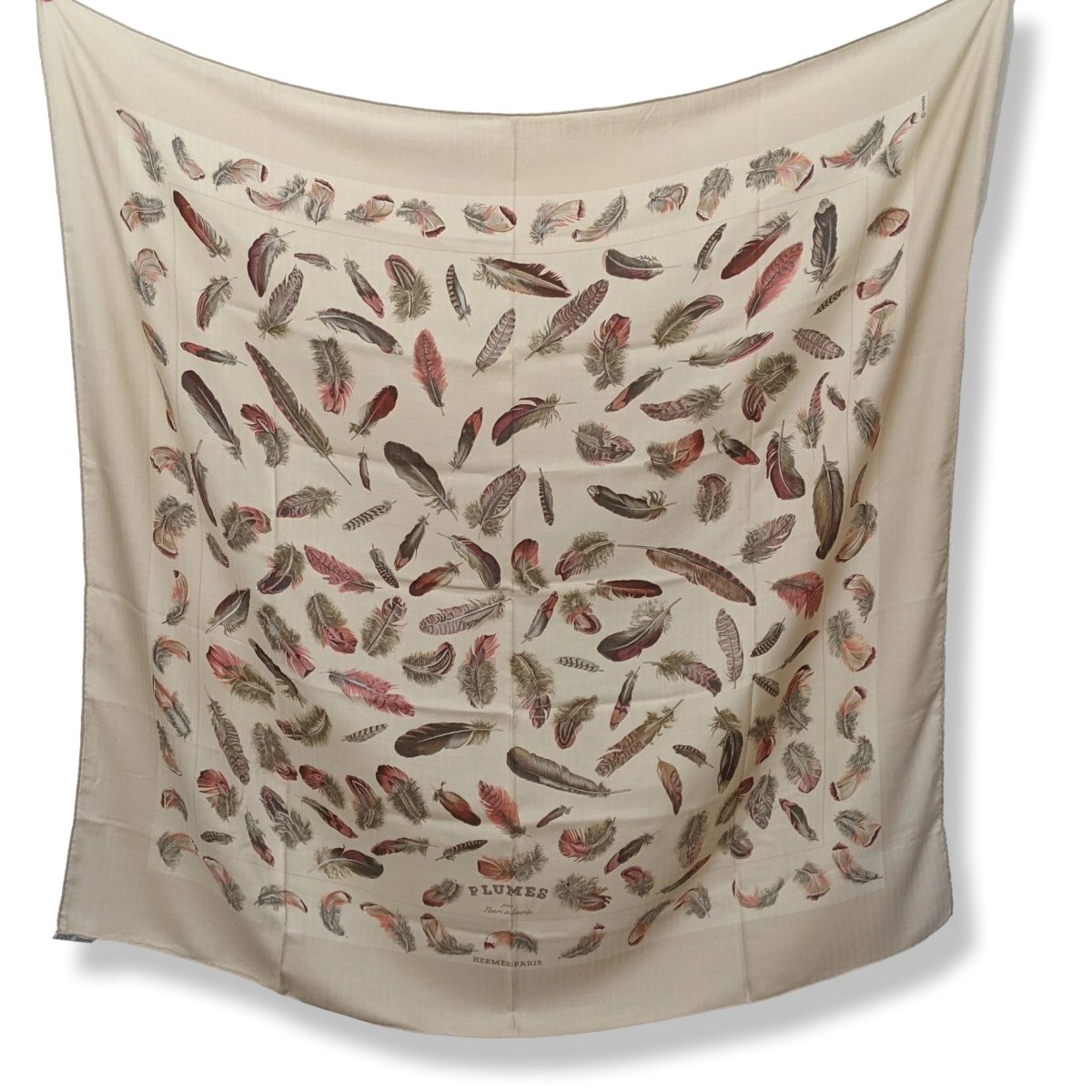 Hermes 2004 Beige/Vieux Rose Plumes by Henri de Linares Cashmere Shawl 140 Rare, Mint!