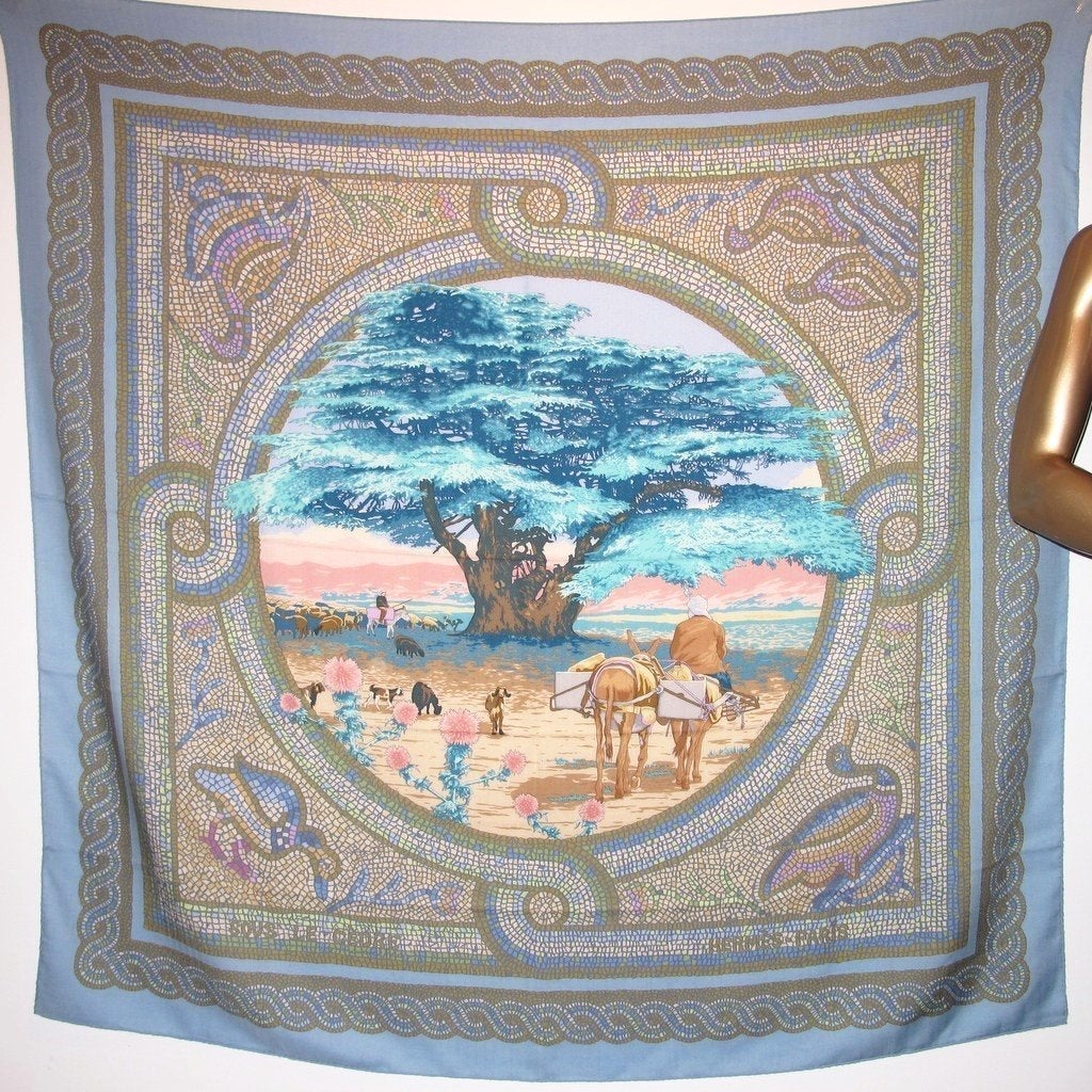 Hermes 2004 Blue Rose Sous le Cedre Shawl 140
