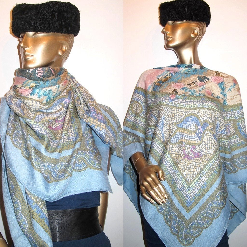 Hermes 2004 Blue Rose Sous le Cedre Shawl 140