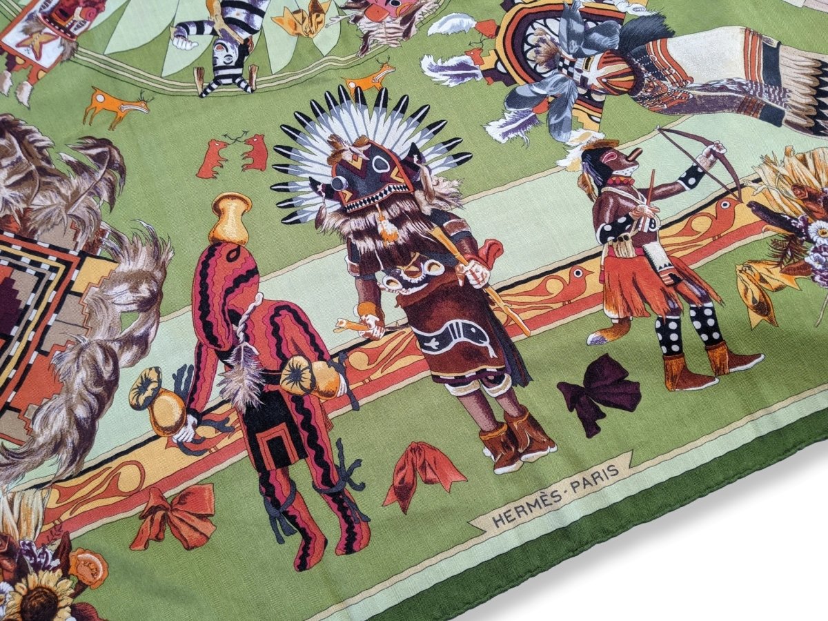 Hermes 2004 Green/Celadon/Orange Kachinas by Kermit Oliver Blanc Matt Overprint Cashmere Shawl 140, Rare!