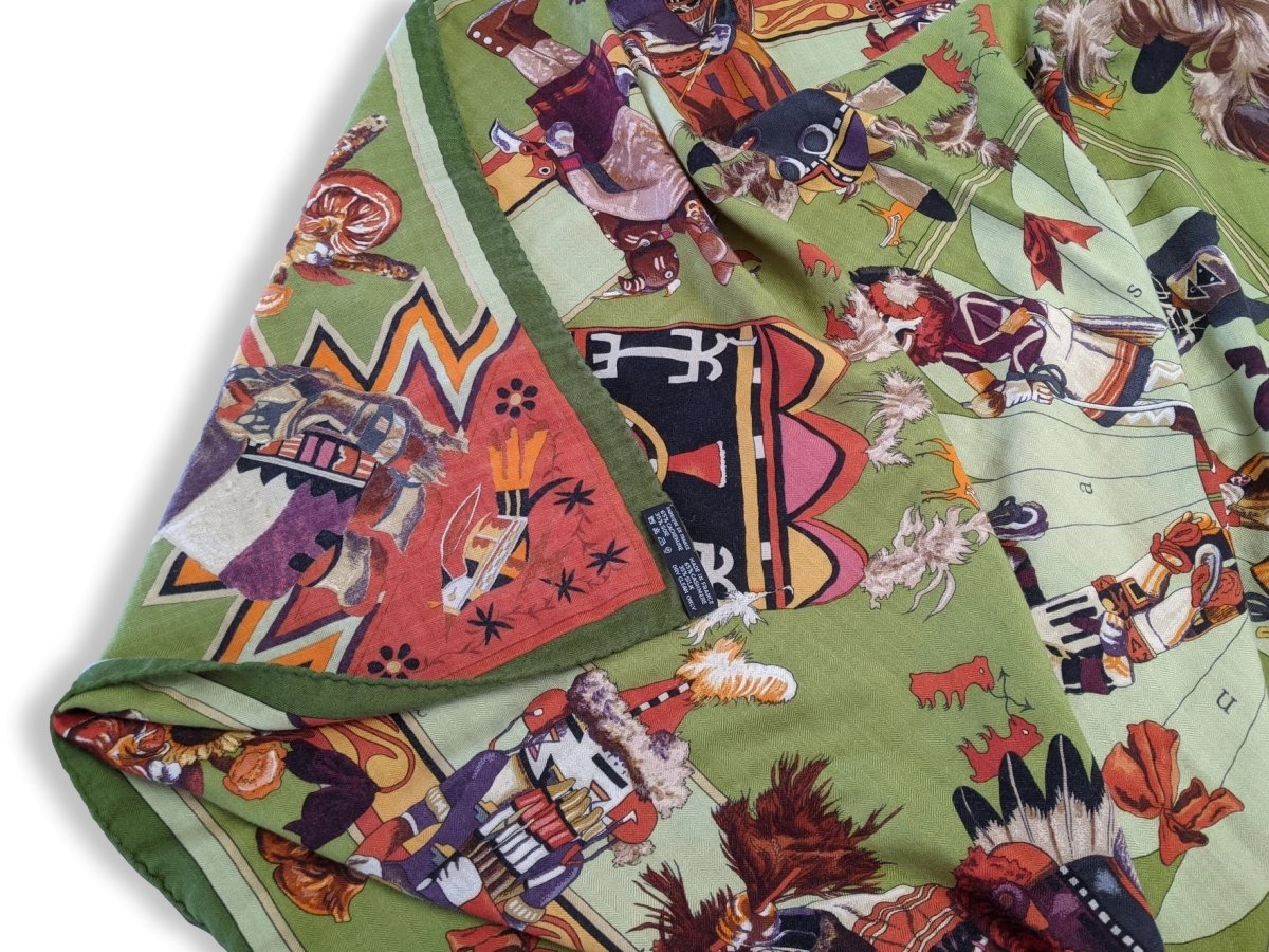 Hermes 2004 Green/Celadon/Orange Kachinas by Kermit Oliver Blanc Matt Overprint Cashmere Shawl 140, Rare!