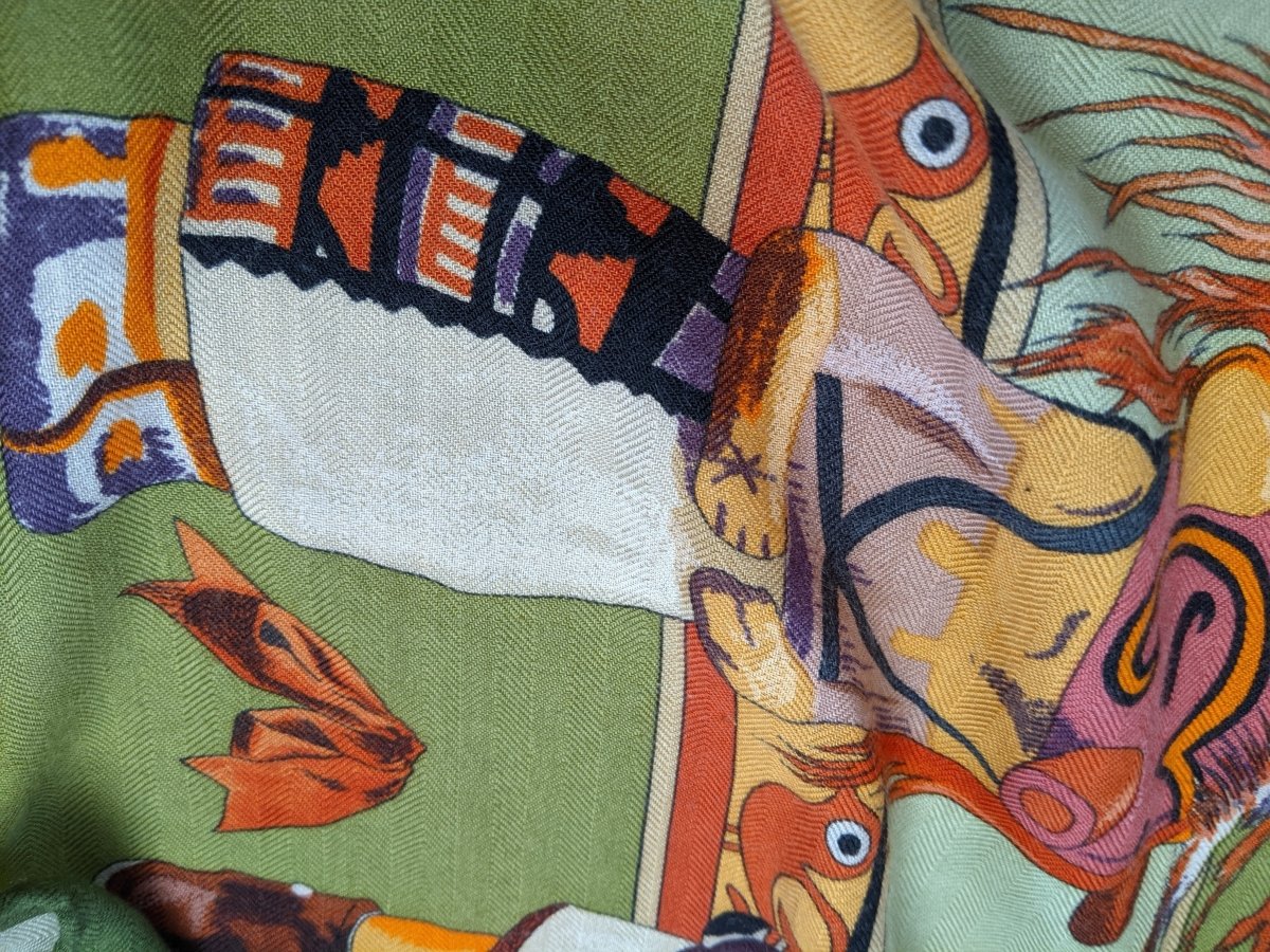 Hermes 2004 Green/Celadon/Orange Kachinas by Kermit Oliver Blanc Matt Overprint Cashmere Shawl 140, Rare!