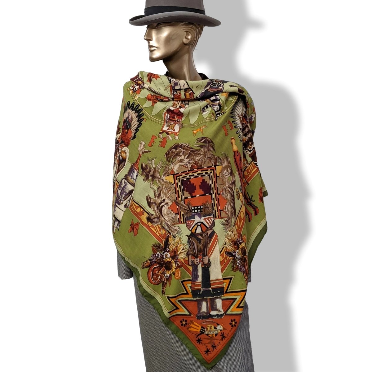 Hermes 2004 Green/Celadon/Orange Kachinas by Kermit Oliver Blanc Matt Overprint Cashmere Shawl 140, Rare!