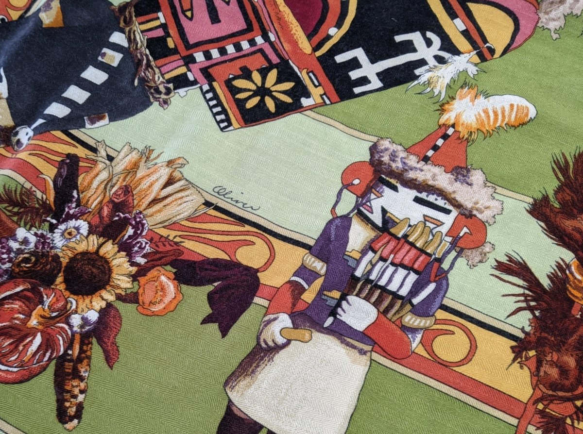 Hermes 2004 Green/Celadon/Orange Kachinas by Kermit Oliver Blanc Matt Overprint Cashmere Shawl 140, Rare!