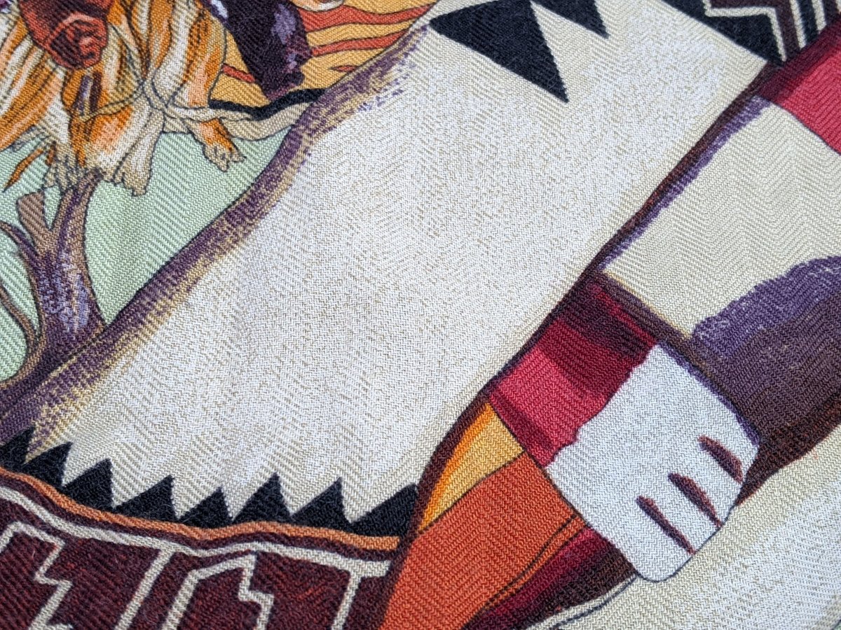 Hermes 2004 Green/Celadon/Orange Kachinas by Kermit Oliver Blanc Matt Overprint Cashmere Shawl 140, Rare!