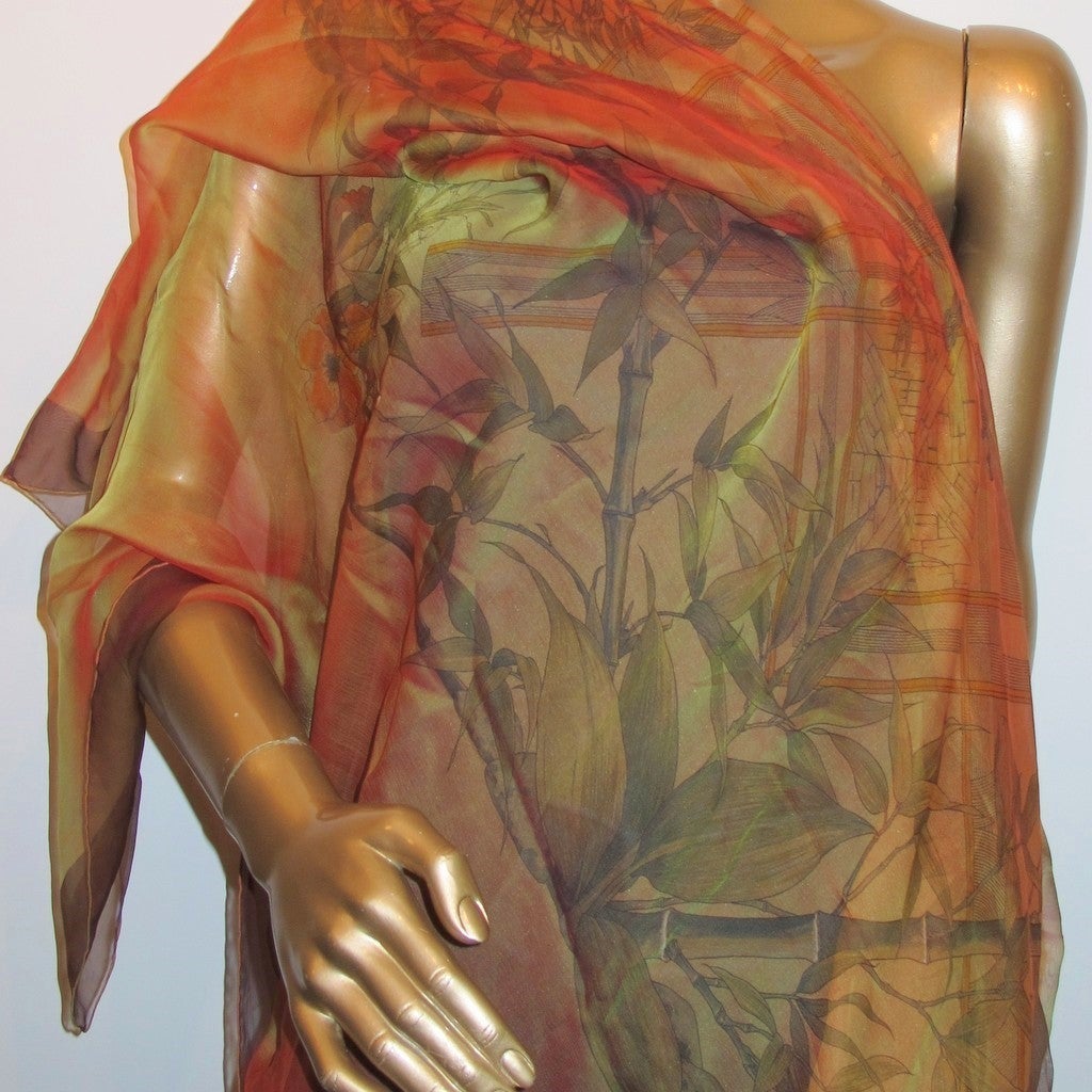 Hermes 2004 Orange/Green Serenite Silk Changeante Mousseline 140, New! - poupishop