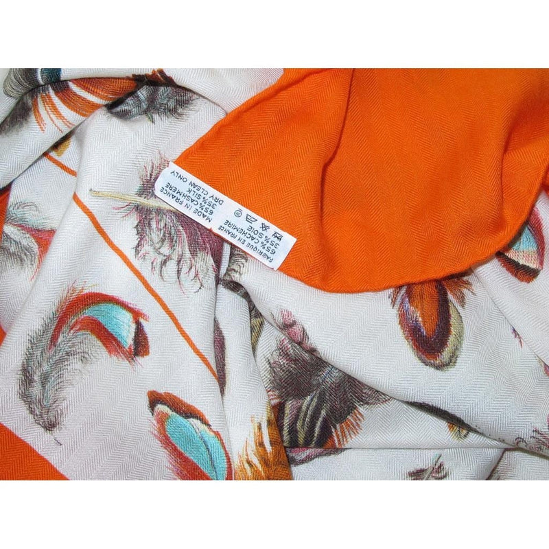 Hermes 2004 Orange/White Plumes Cashmere Shawl 140 - poupishop