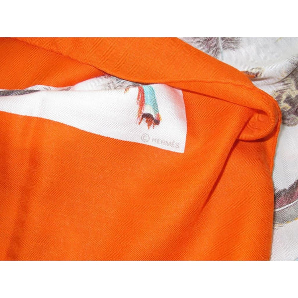 Hermes 2004 Orange/White Plumes Cashmere Shawl 140 - poupishop