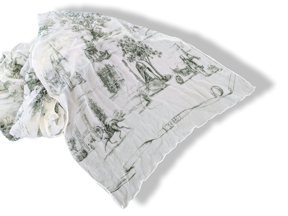 Hermes 2005 Blanc/Vert Foncé TOILE by Sophie de Seynes Mousseline Silk Etole Stole
