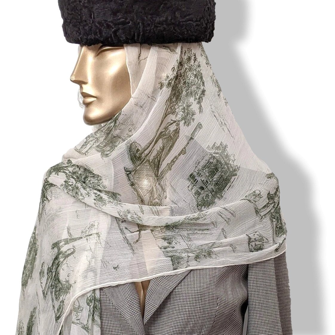 Hermes 2005 Blanc/Vert Foncé TOILE by Sophie de Seynes Mousseline Silk Etole Stole