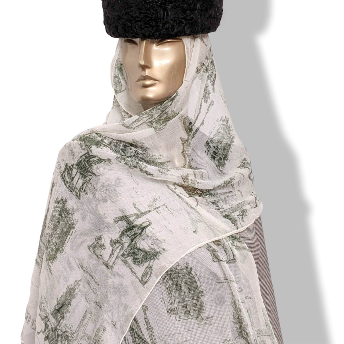 Hermes 2005 Blanc/Vert Foncé TOILE by Sophie de Seynes Mousseline Silk Etole Stole