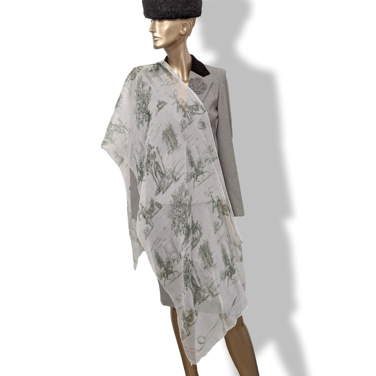 Hermes 2005 Blanc/Vert Foncé TOILE by Sophie de Seynes Mousseline Silk Etole Stole