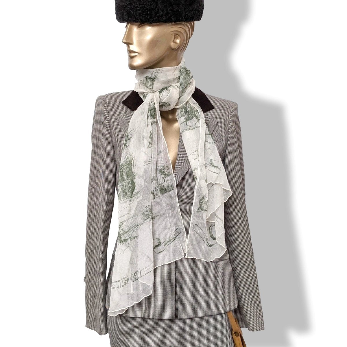 Hermes 2005 Blanc/Vert Foncé TOILE by Sophie de Seynes Mousseline Silk Etole Stole