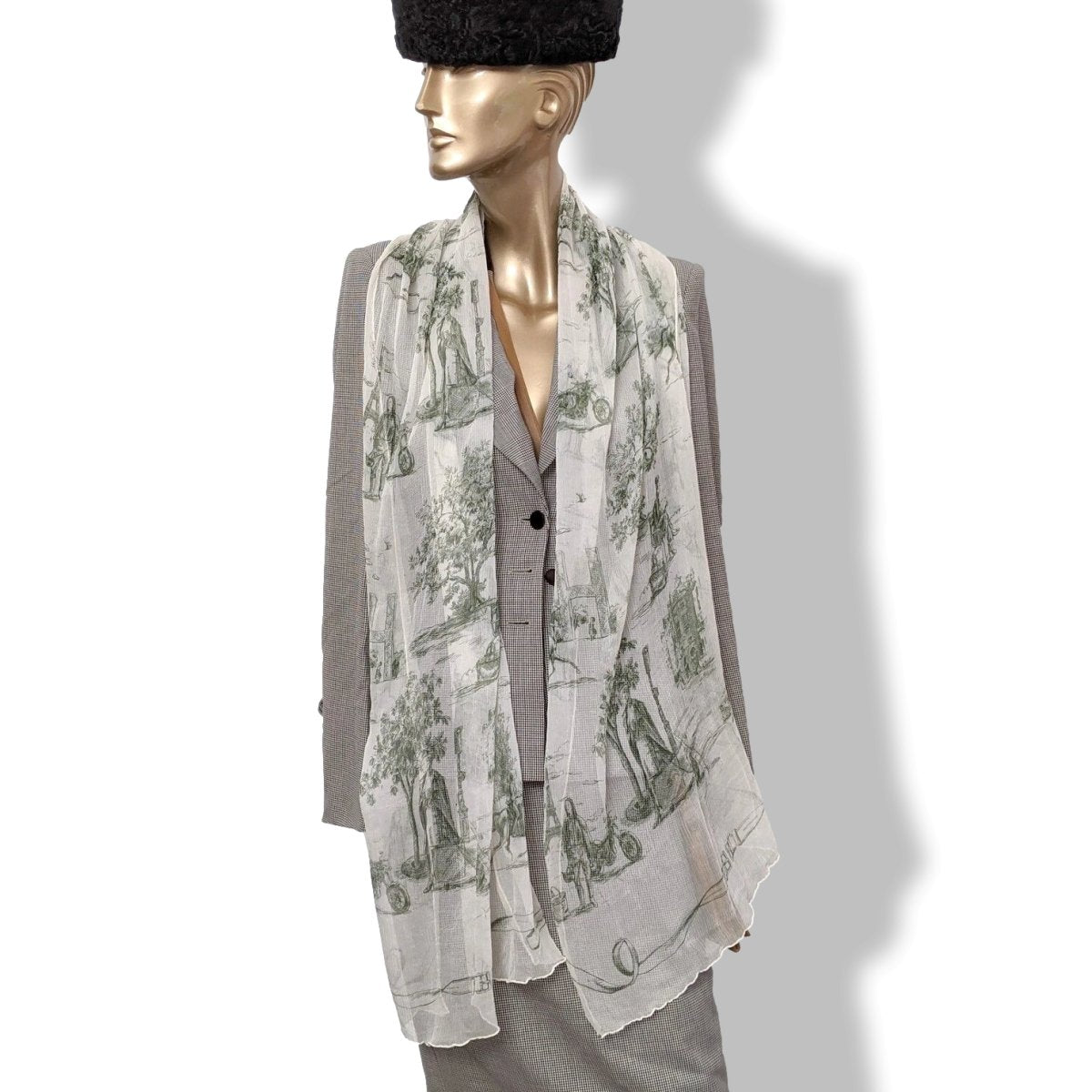 Hermes 2005 Blanc/Vert Foncé TOILE by Sophie de Seynes Mousseline Silk Etole Stole