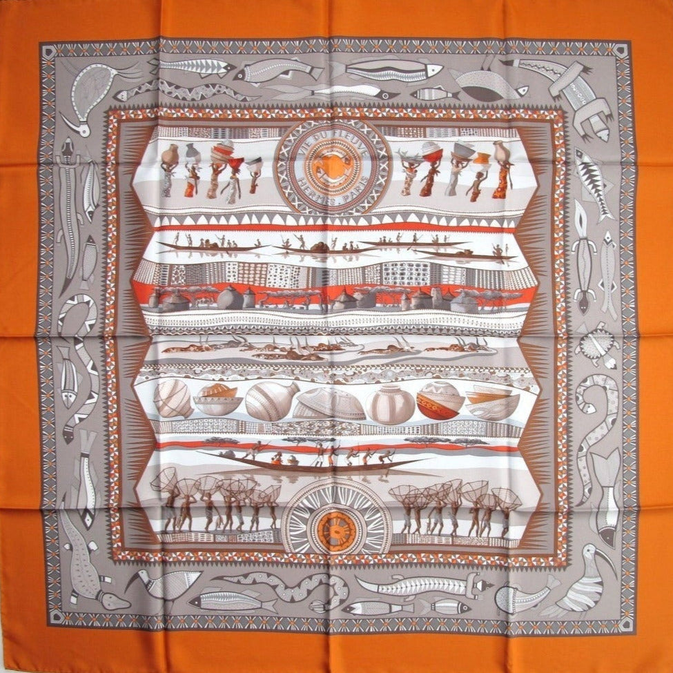 Hermes 2005 Orange Etoupe cw13 Etoupe Vie du Fleuve Twill 90 New!