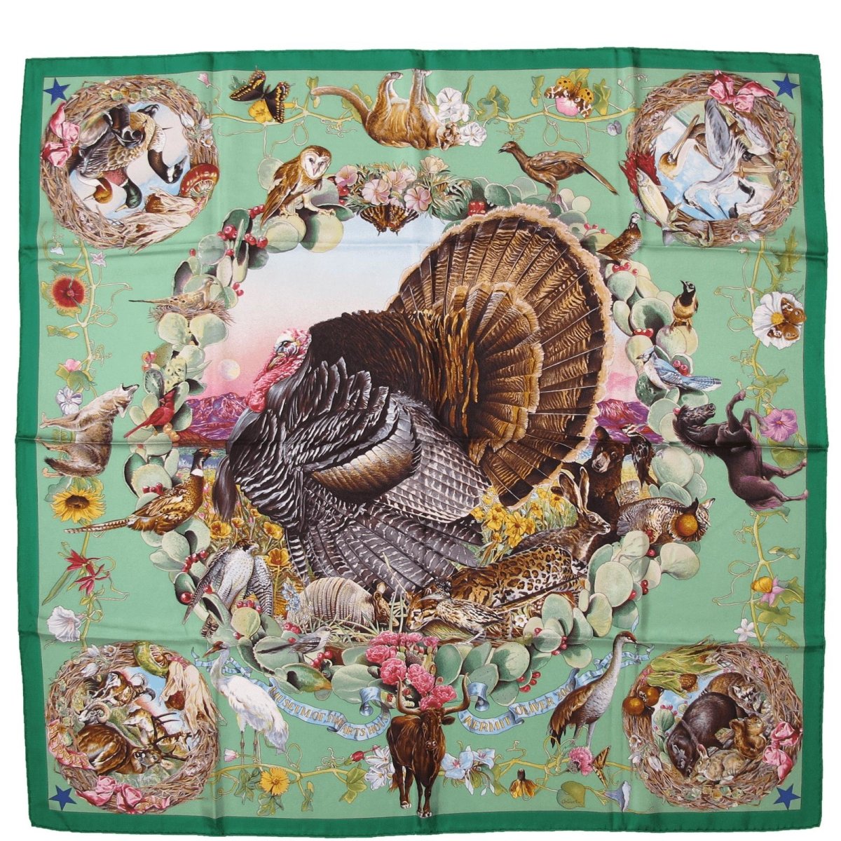 Hermes 2005 Limited Issue Museum of Fine Arts Faune et Flore du Texas Blanc Matte Overlay Twill 90cm, Rare! - poupishop