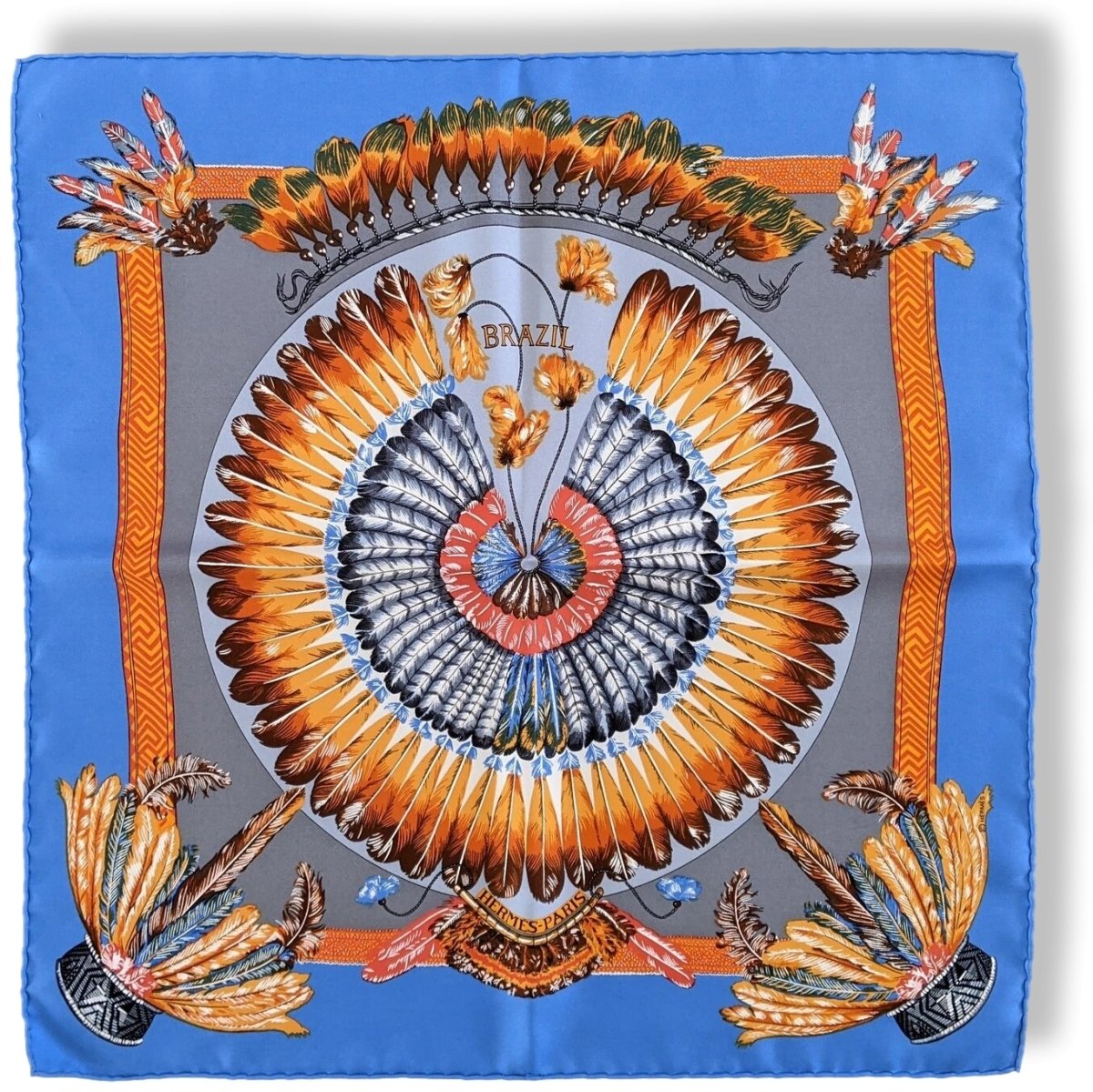 Hermes 2006 Bleu/Orange Brazil by Laurence Bourthoumieux Gavroche Twll Silk 45 cm