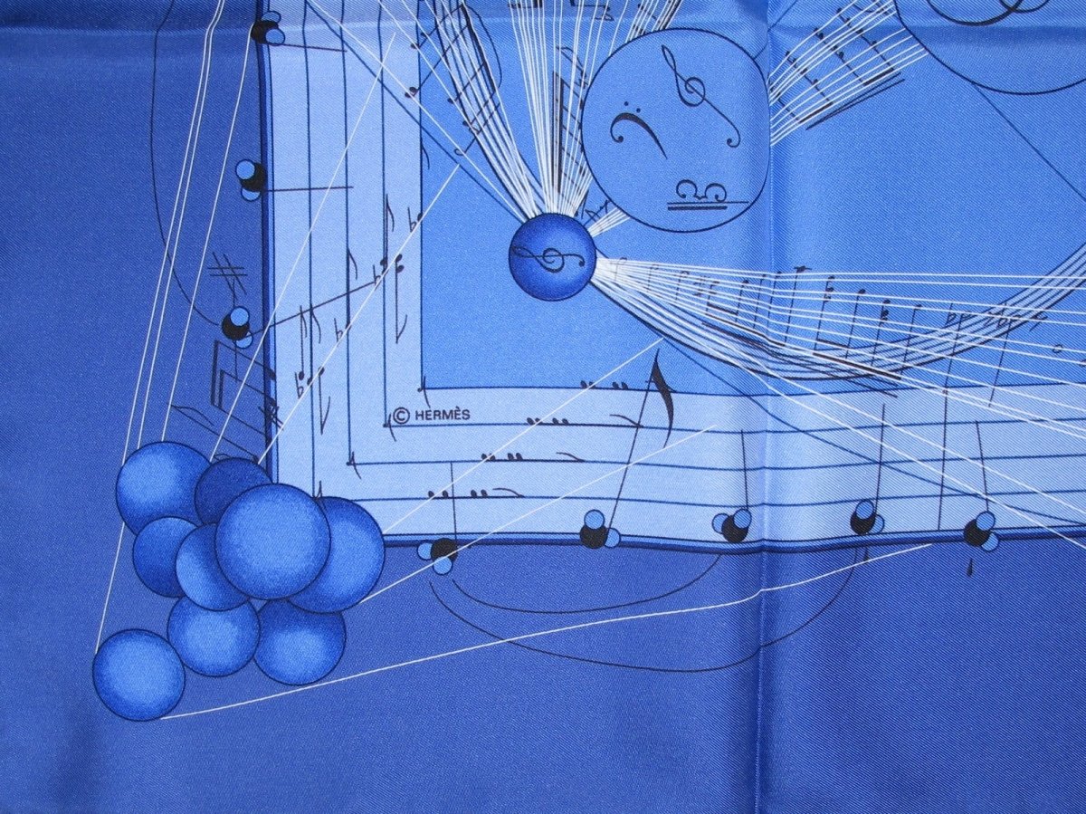 Hermes 2006 Cobalt Blue White Musique des Spheres Twill 90cm, New! - poupishop