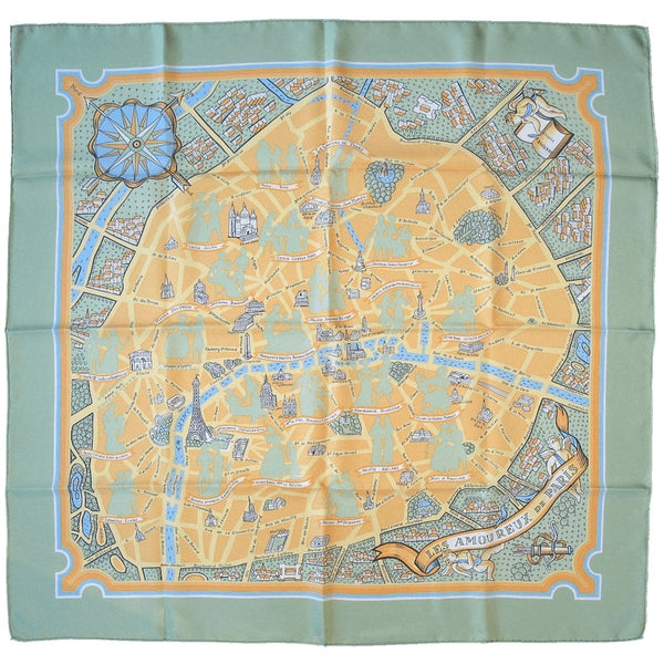 Hermes 2006 Green Les Amoureux de Paris by Maurice Tranchant Twill Scarf 90cm - poupishop