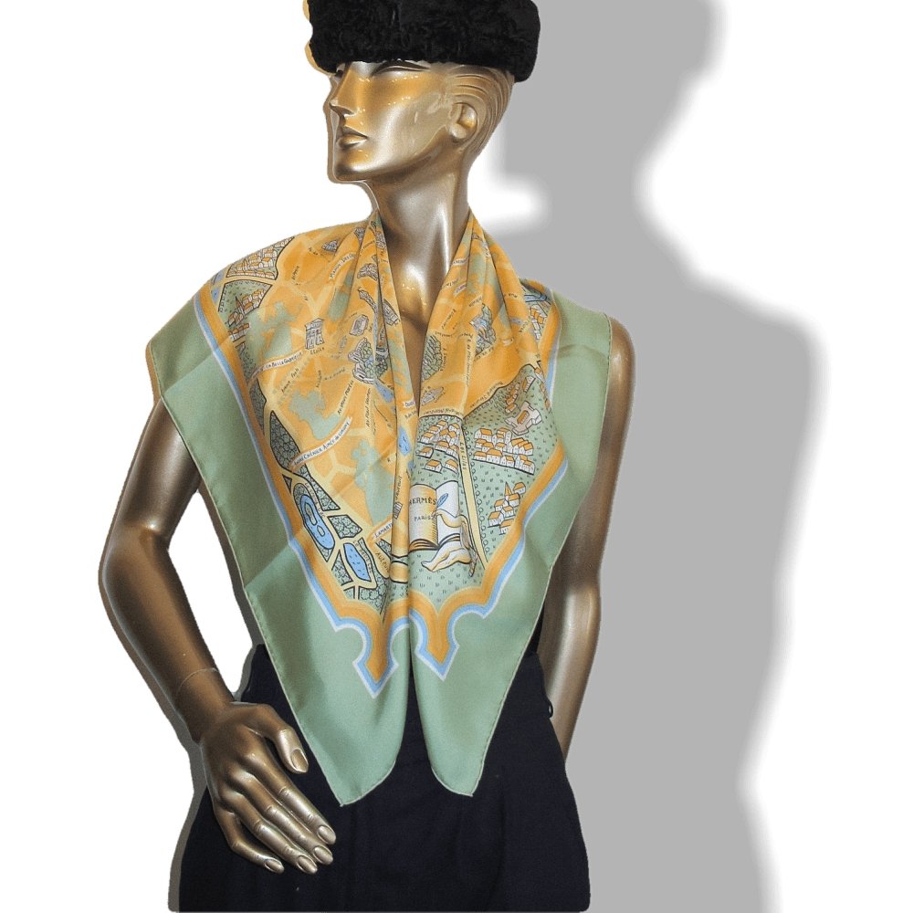 Hermes 2006 Green Les Amoureux de Paris by Maurice Tranchant Twill Scarf 90cm - poupishop