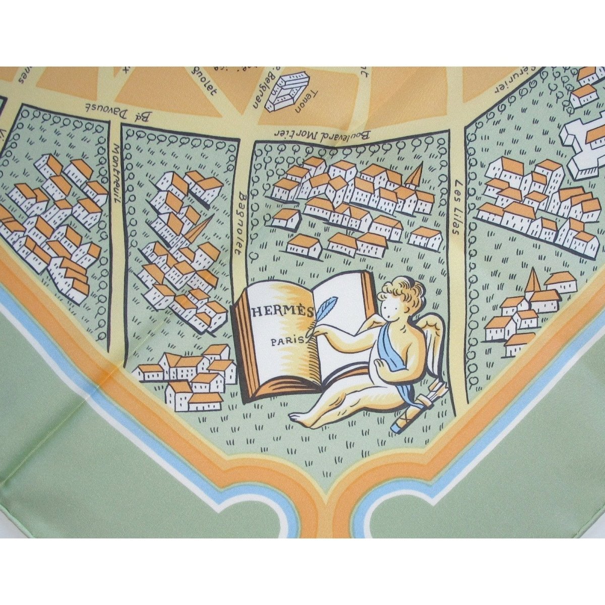 Hermes 2006 Green Les Amoureux de Paris by Maurice Tranchant Twill Scarf 90cm - poupishop