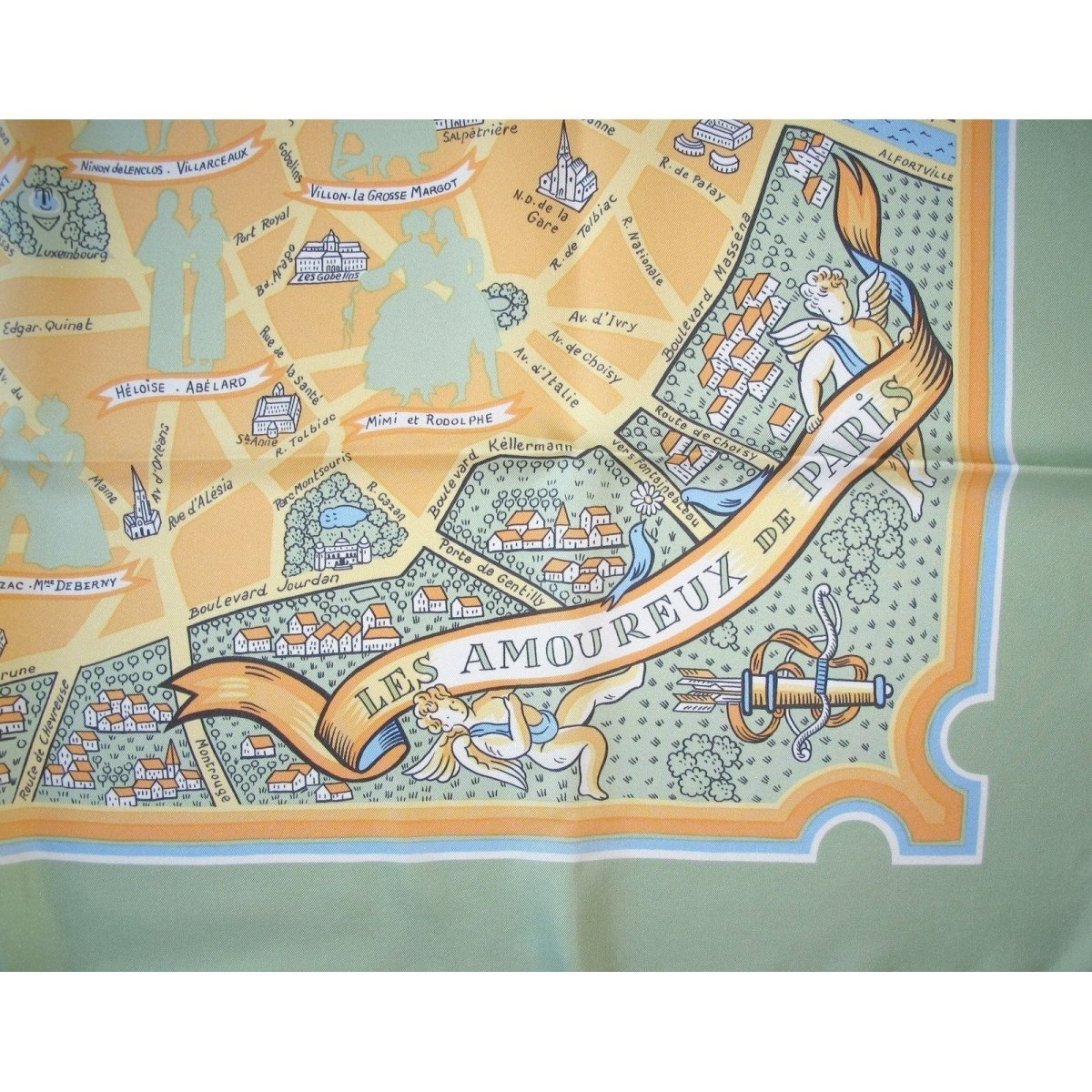 Hermes 2006 Green Les Amoureux de Paris by Maurice Tranchant Twill Scarf 90cm - poupishop