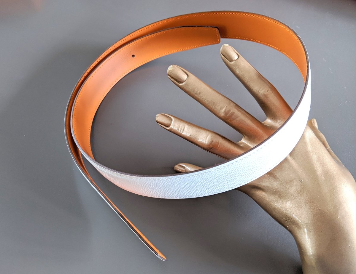 Hermes 2006 Orange/White Reversible Leather Strap Belt 32 MM Sz80, NIB! - poupishop