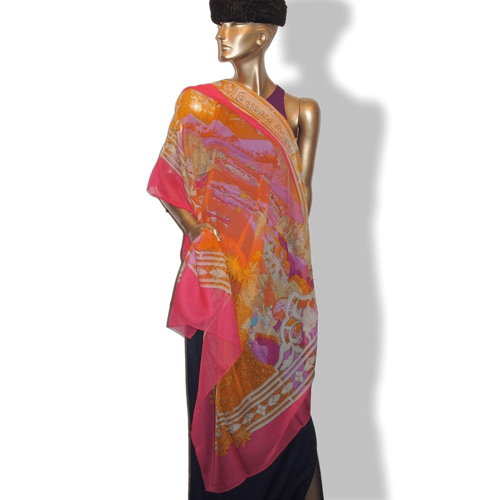 Hermes 2006 Pink Orange Le Fleuve Sacre by Catherine Baschet Mousseline 140, NIB! - poupishop