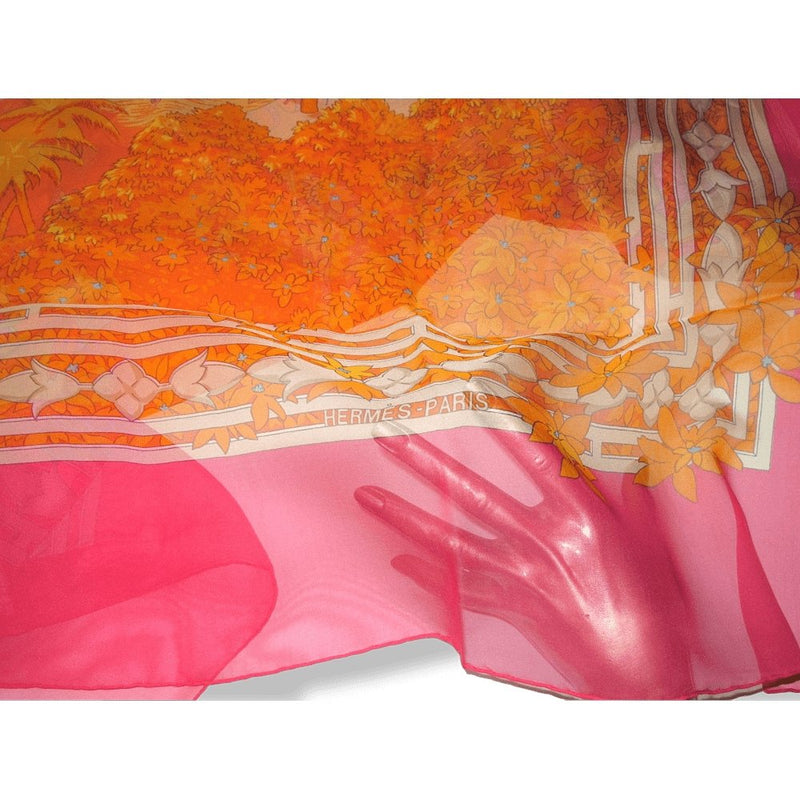 Hermes 2006 Pink Orange Le Fleuve Sacre by Catherine Baschet Mousseline 140, NIB! - poupishop