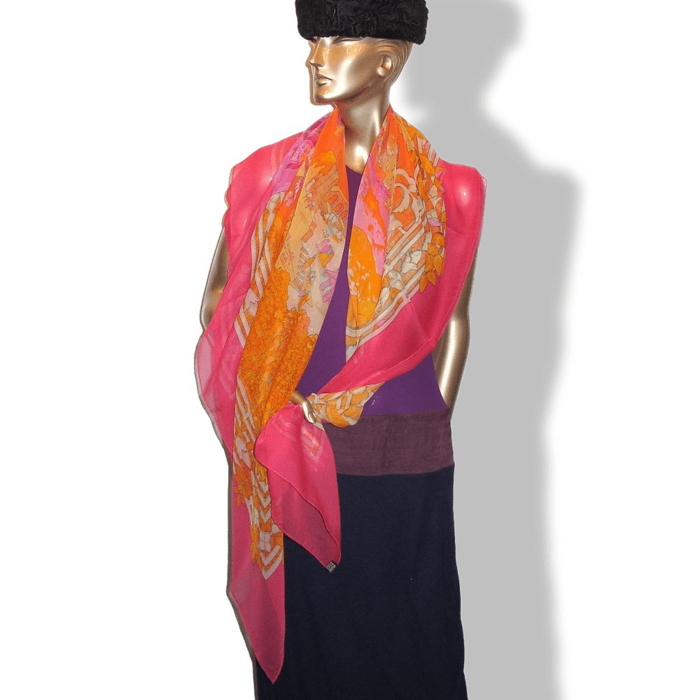 Hermes 2006 Pink Orange Le Fleuve Sacre by Catherine Baschet Mousseline 140, NIB! - poupishop