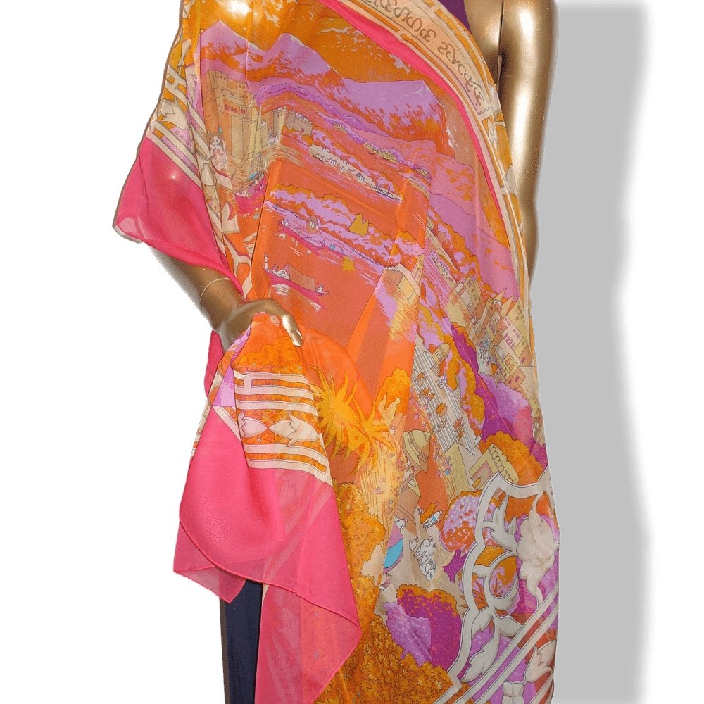 Hermes 2006 Pink Orange Le Fleuve Sacre by Catherine Baschet Mousseline 140, NIB! - poupishop