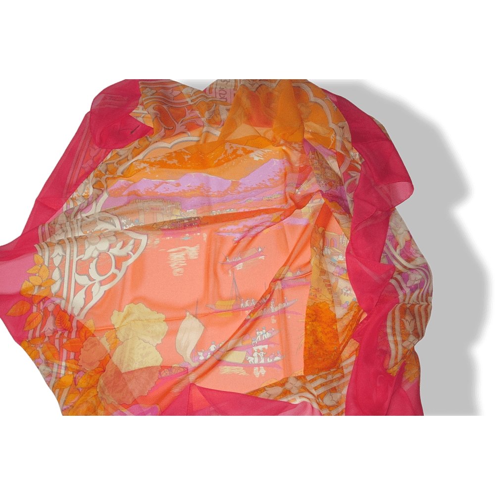 Hermes 2006 Pink Orange Le Fleuve Sacre by Catherine Baschet Mousseline 140, NIB! - poupishop