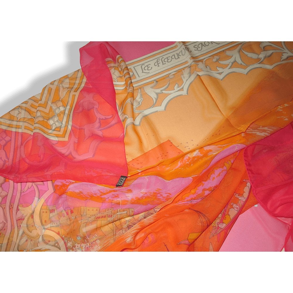 Hermes 2006 Pink Orange Le Fleuve Sacre by Catherine Baschet Mousseline 140, NIB! - poupishop