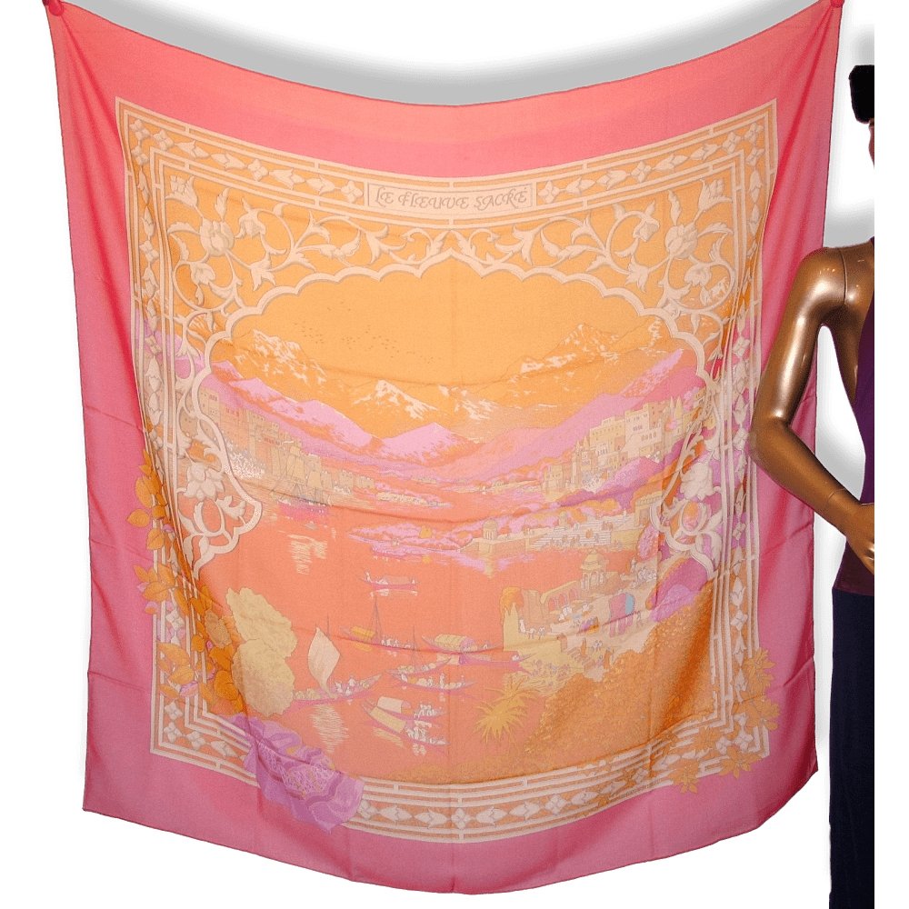 Hermes 2006 Pink Orange Le Fleuve Sacre by Catherine Baschet Mousseline 140, NIB! - poupishop