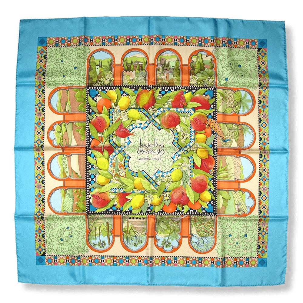 Hermes 2006 Turquoise Jardins d'Andalousie by Aline Honore Twill 90cm, New! - poupishop